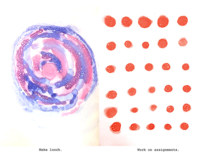 print with blue and pink swirl on left, red dot grid on right