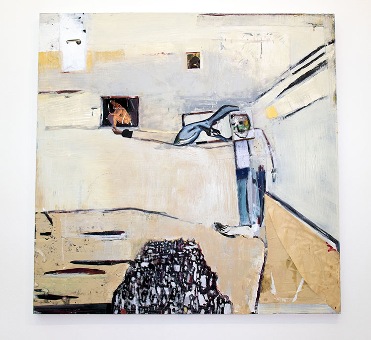a square predominately white painting with figurative elements