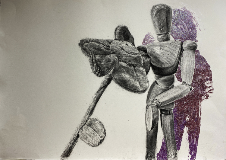 charcoal drawing of artist manikin with purple glitter in background