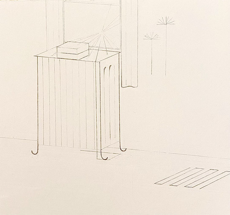 delicate line drawing of a bureau-like structure with radiating lines on top of it and plant-like forms beside it