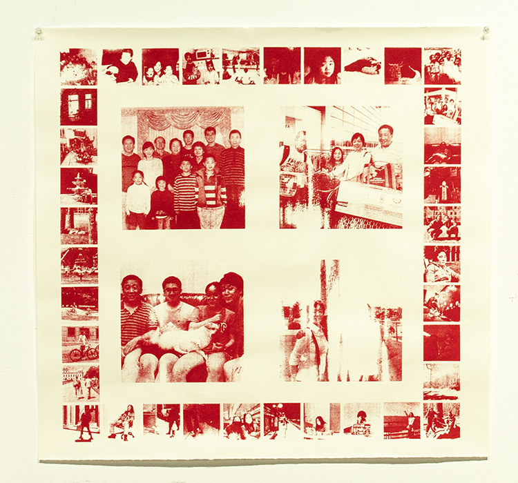 screenprint in red ink of various photos, collaged in an arrangement like a game board