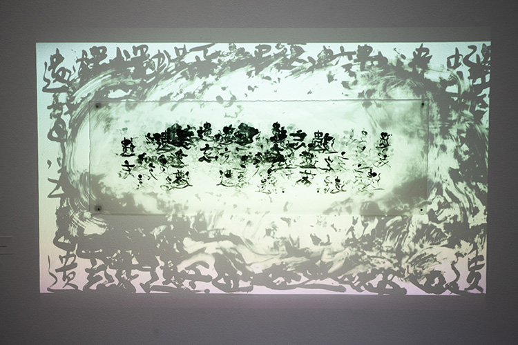 long horizontal print of overlapped chinese calligraphy with video projected on top of it, showing more overlapping calligraphy erased in the middle