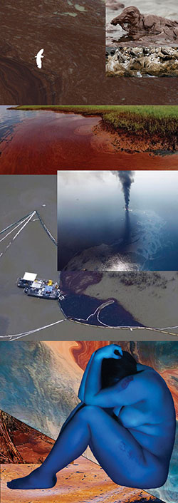 composite image of oil spills with seated figure with projected blue light on body