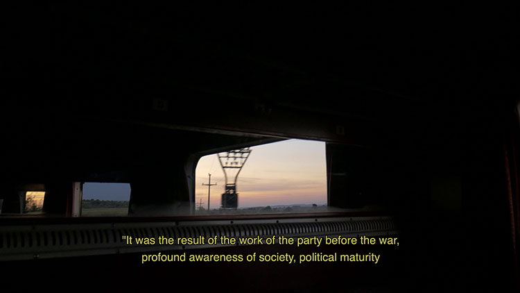 dark shot with framed landscapes and skies, all different; yellow text at bottom reading "It was the result of the work of the party before the war, profound awareness of society, political maturity"