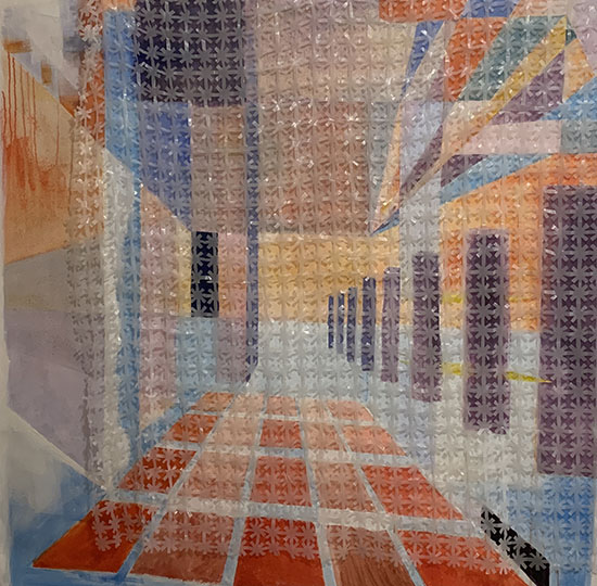 close up on abstract, colorful painting with a grid of translucent plastic asterisks over top