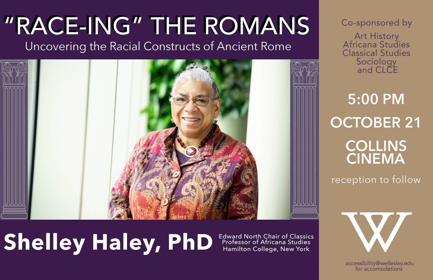 poster for Race-ing the Romans lecture featuring photo of Shelley Haley standing outside