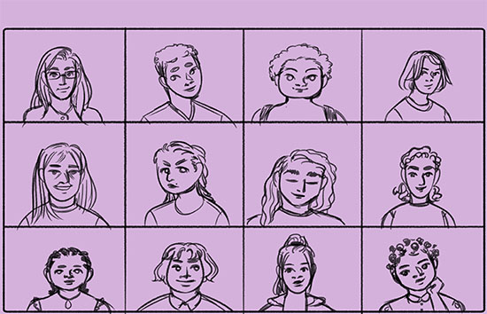 grid of line drawings of cartoon people