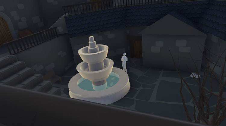 3D modeled environment with a dark castle room and a light fountain with a light figure in it