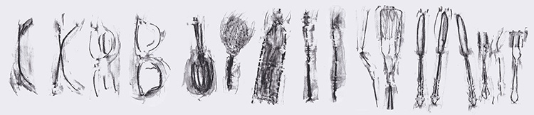 linear series of black on white prints of everyday objects