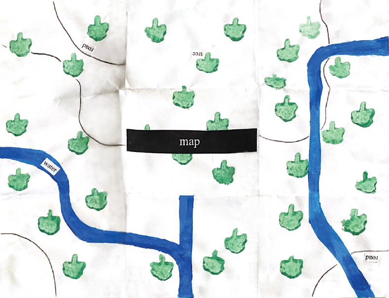 printed map with green shapes and blue rivers