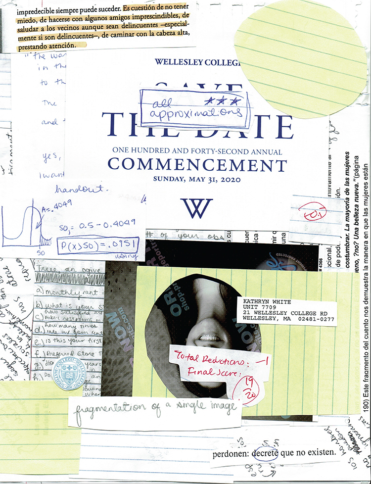 collage of various white and yellow papers, as well as Wellesley commencement invite
