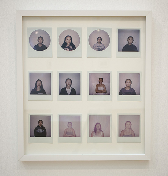 a white frame with 12 portrait polaroids, arranged in rows of 4