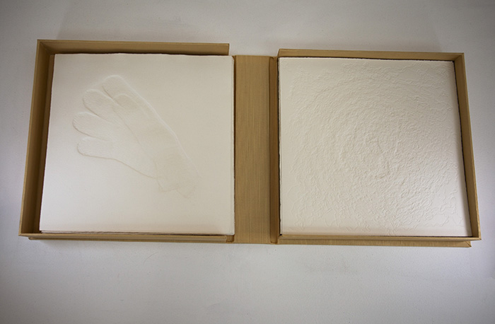 looking down at a book in a gold enclosure with paper embossed with prints of gloves