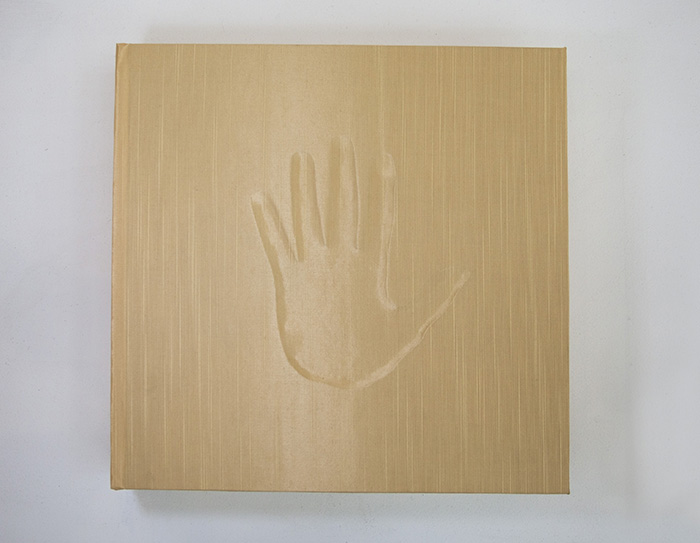 the cover of a book bound with gold cloth, with the imprint of a hand on the cover