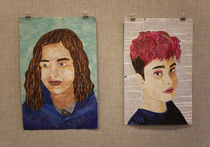 Two portrait collages hung on a grayish fabric wall. The collage on the left shows a person with shoulder-length brown hair on a green background. The collage on the right shows a person with short black and pink hair on a newsprint background.