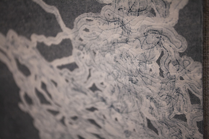 close-up of a blue and white print with string-like embossing and imagery