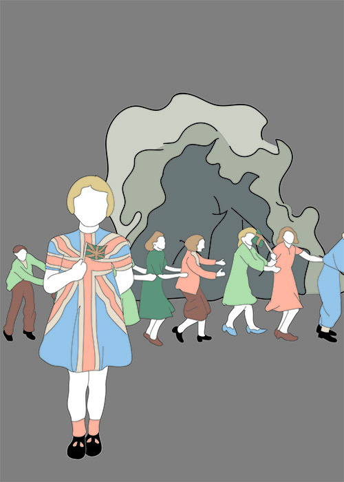 a digital drawing of a faceless woman with short blonde hair and a union jack dress holding a flag. Behind her are other women in a kind of conga line, with gray forms in the far background.