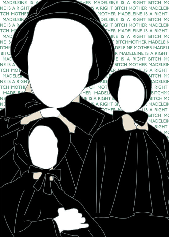 a digital drawing of blank white-faced women with black hair and clothing. In the background is green text repeating the phrase "Madeleine is a right bitch mother"