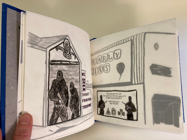 an open brook spread. The left page is a hand-drawn recreation of a mural on a building depicting masked people with guns. The right page shows another mural of people with guns on a building under a sign reading 'EARLY KIDS' in cheerful font.