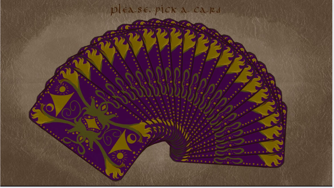 digital image of a fan of purple, green, and yellow patterned cards on a brown textured background. Text at top reads "Please, pick a card"