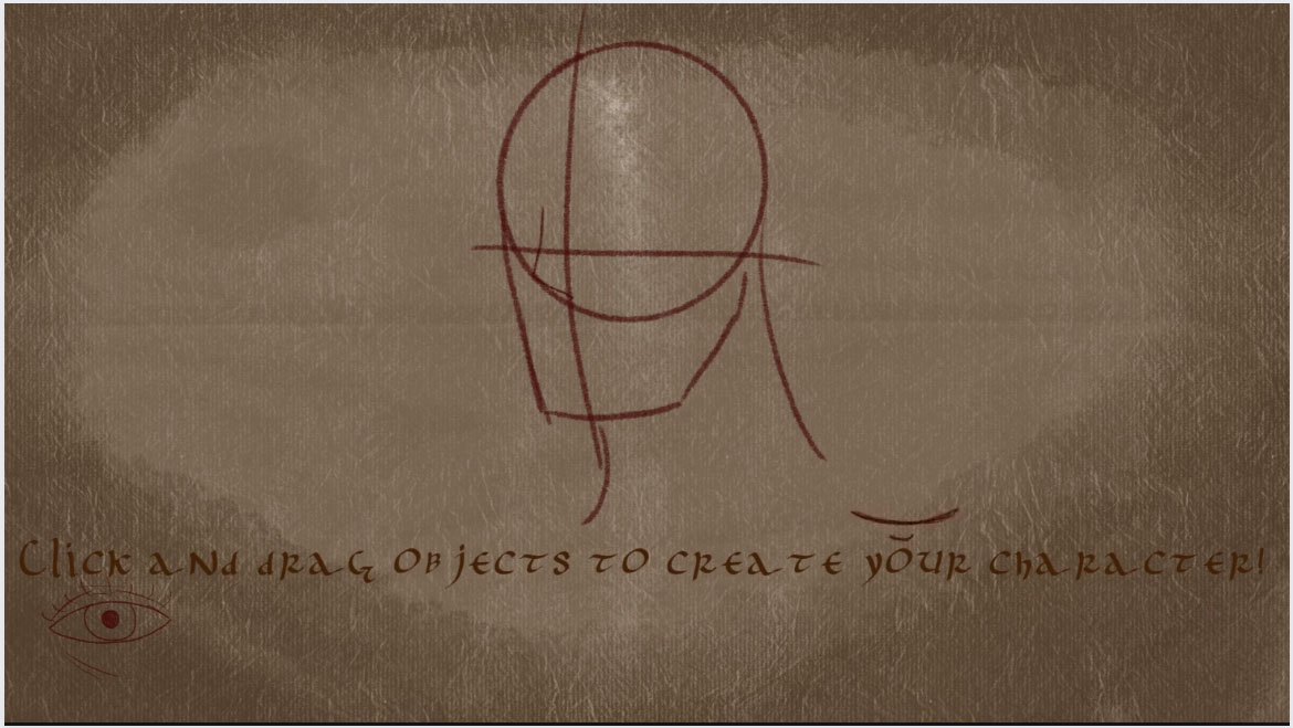 digital image of a red line drawing of a featureless head on brown textured background. Text at bottom reads "Click and drag objects to create your character!"