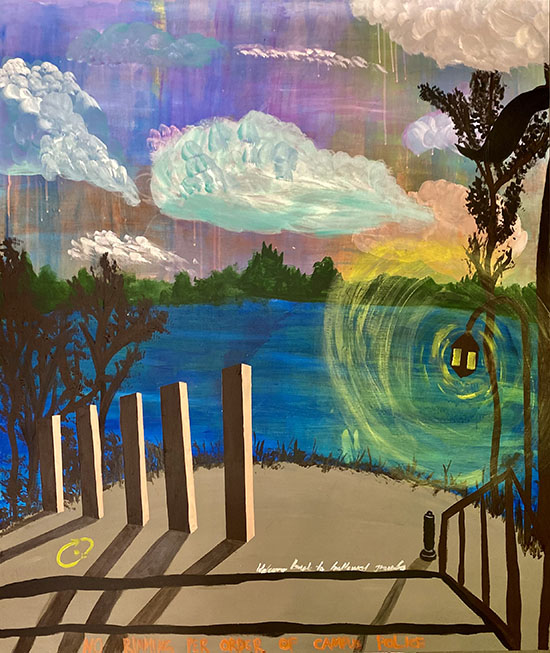 a very colorful landscape painting with water, a glowing lamp, and vertical posts in the ground