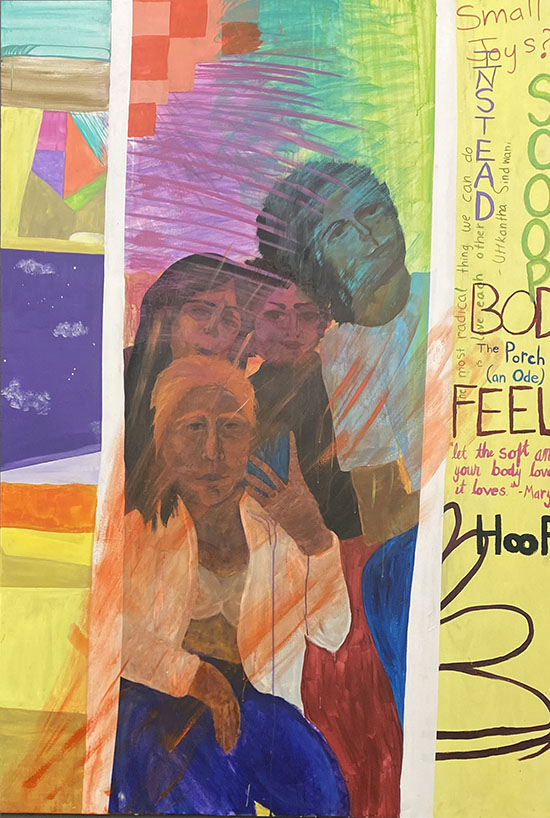 a colorful painting of 4 figures. One holds a phone as though they are taking a photo in a mirror and we are seeing their reflection