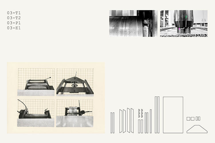 an off-white background with numbers in the top left, 2 black and white photos of printmaking equipment at top right, 4 black and white photos of a printing press with grid background at bottom left, and outlined shapes at bottom right