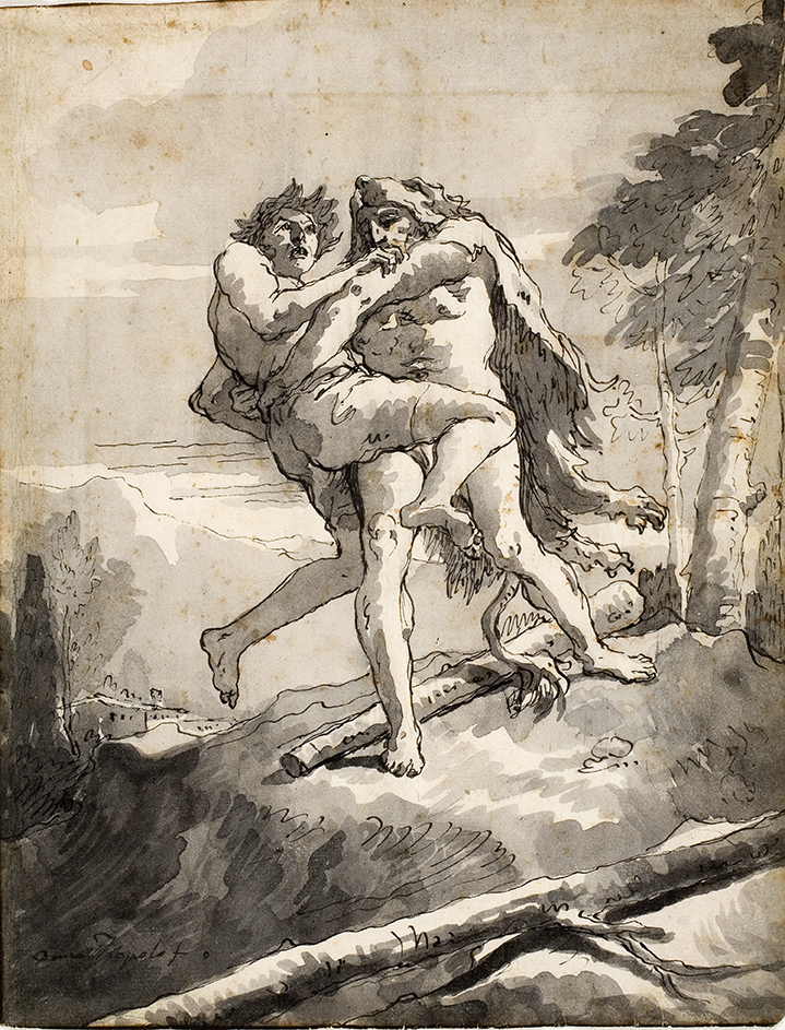 Giovanni Domenico Tiepolo, Hercules and Antaeus, late 18th century. Black pen and ink and black and gray washes with partial brown ink border, overall: 10 in. x 7 9/16 in. Gift of Mrs. Edyth Kumin Shulman (class of 1932) 1980.102.