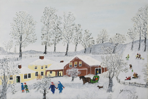 Grandma Moses, Yellow House, 1955. Oil on board, 12 in x 17 7/8 in. Gift of Jeannette Austin Hosch Osgood (Class of 1930), 1986.10