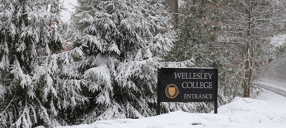 Wellesley College sign in snow