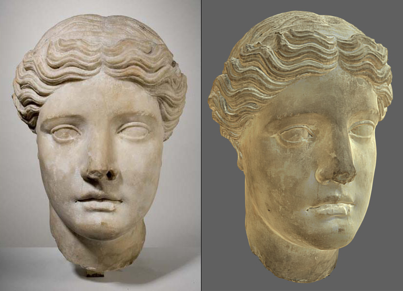 Side-by-side comparison of a statue bust vs the bust as a 3D model