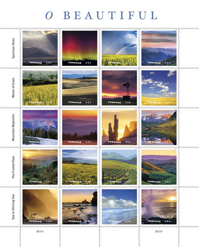 The 20 stamps released by the US Postal Service as part of the O Beautiful collection.