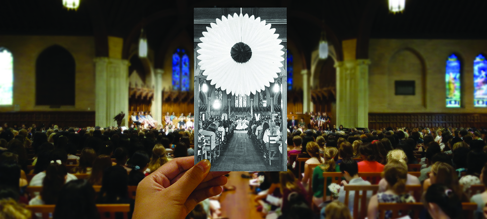 A black and white photo of the chapel in the past is being help up in present day in the same spot it was taken. 