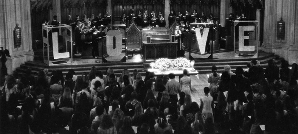 Students gathering in the chapel for Flower Sunday as 