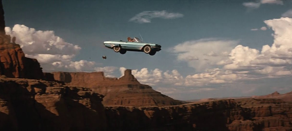 A still from the film Thelma and Louise, Thelma and Louise have just driven their car off a cliff