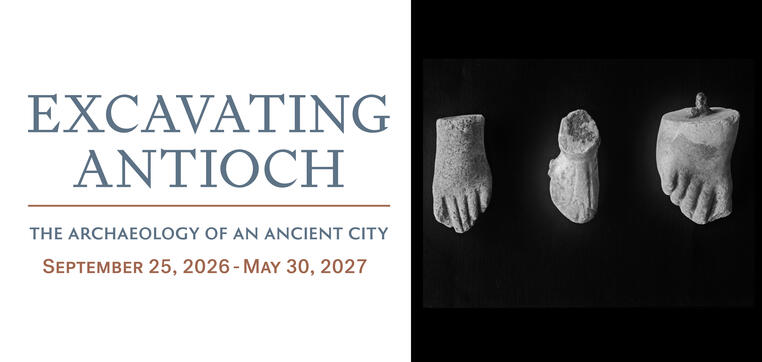 Exhibition title next to three grayish-white marble feet of varied sizes and shape against a black backdrop