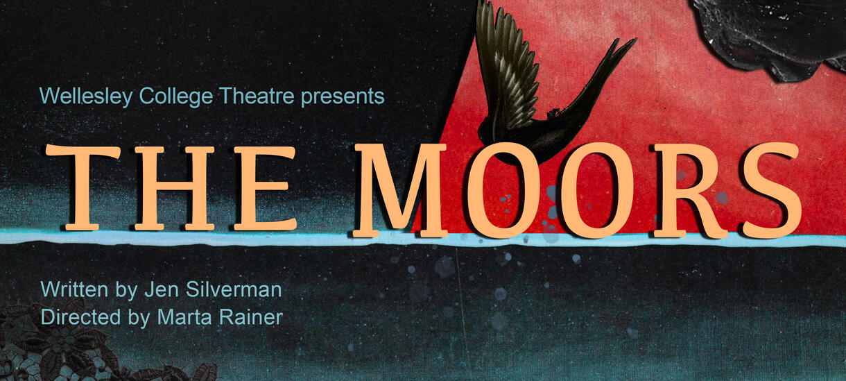 Collage poster with hills, mastiff dog, bird, and lace