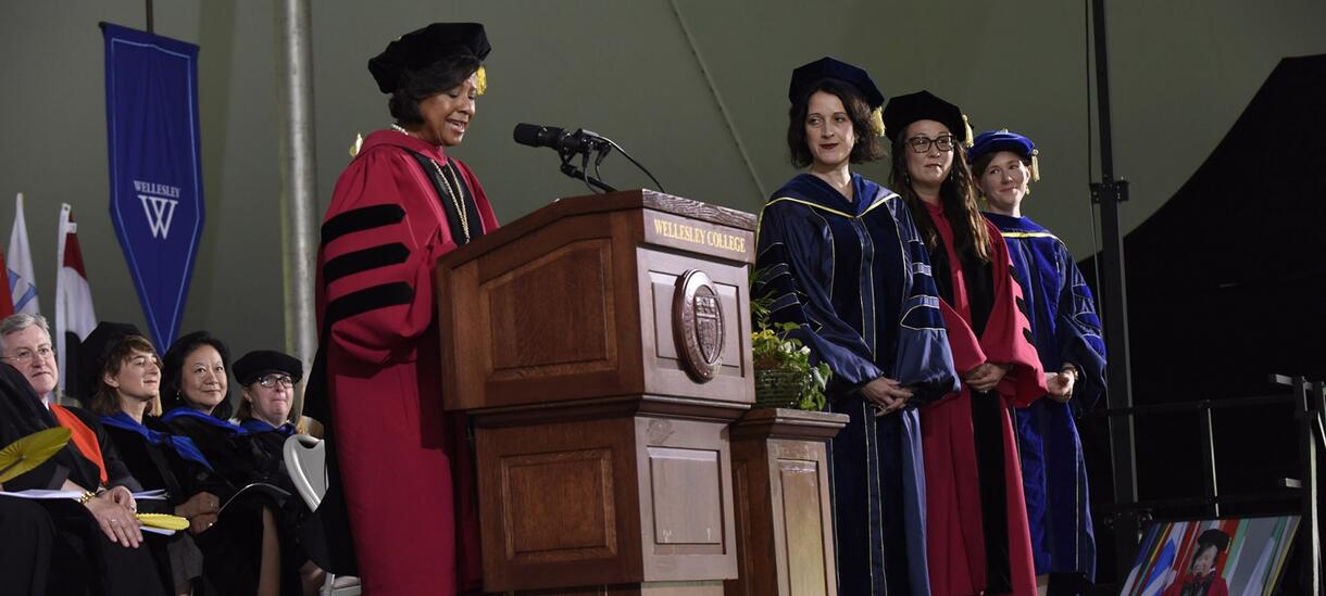 President Johnson and the three Pinanski Prize winners on the stage