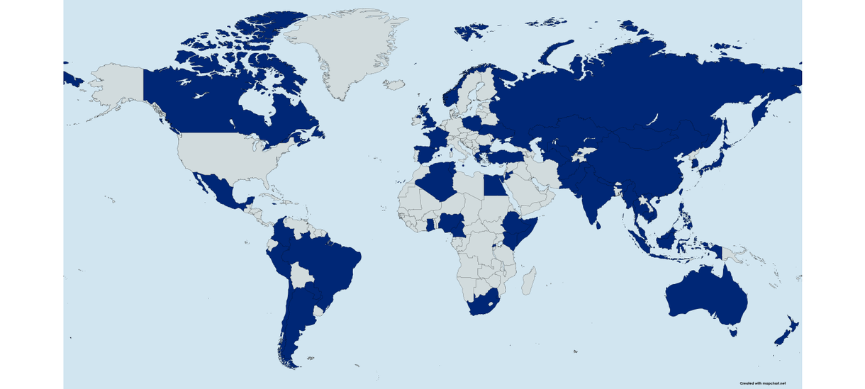Map of the world with countries filled in blue
