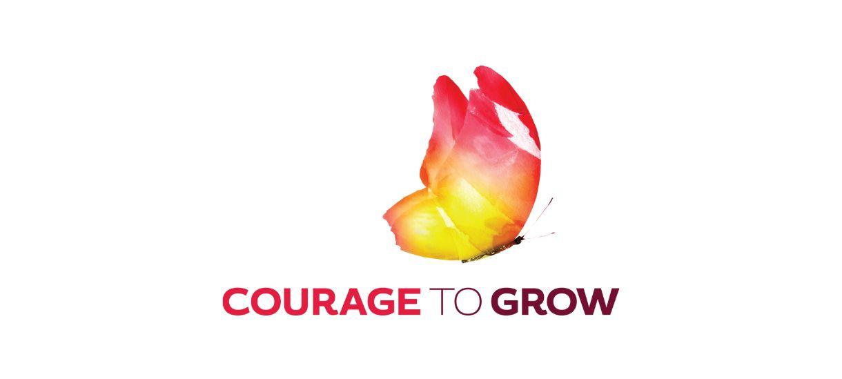 Pink and yellow butterfly flying over the words "Courage to Grow"