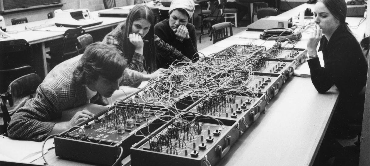 Students and a professor in a Computer Science class, 1974
