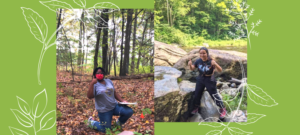 Two pictures of students outdoors, one kneeling and the other climbing on rocks surrounded by a green background