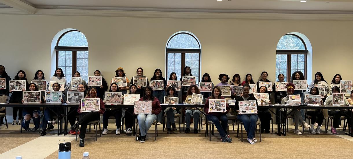 WellesleyPlus 2023-24 cohort members participated in a vision board exercise with staff during a spring overnight retreat.