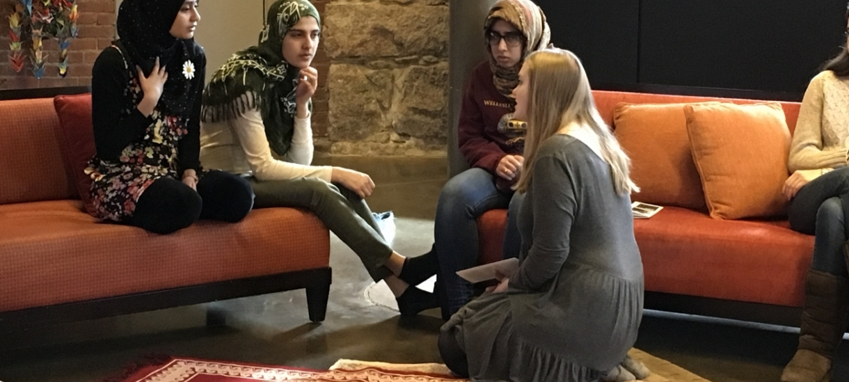 Students gather in the Multifaith Center and chat. 
