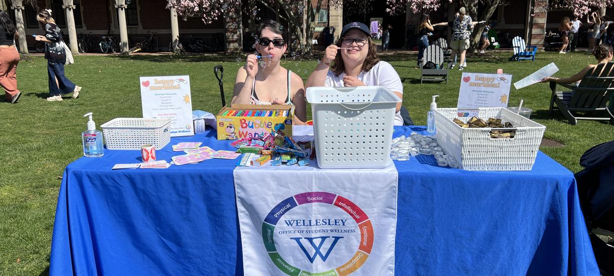 Two students blow bubbles while sitting at table with wellness banner and resources