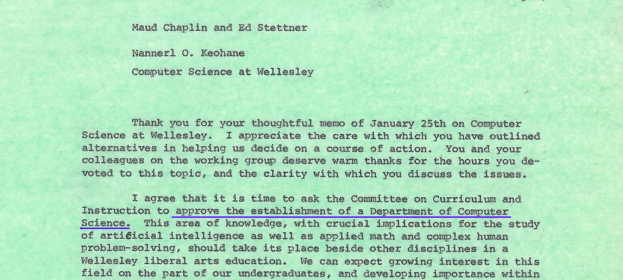A letter from President Keohane, dated 2/1/1982, approving the establishment of a Computer Science Department