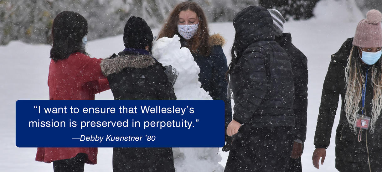 Photo of students, snowman, snow, winter. Alumnae Quote from Debby Kuenstner about supporting the endowment.