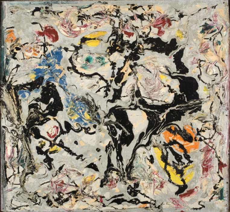 Jackson Pollock, Untitled, 1950. Oil, enamel, and aluminum paint on canvas mounted on composition board, 13 3/16 x 13 1/16 in. Bequest of Merrill Millar Lake (Class of 1936), 1980.29