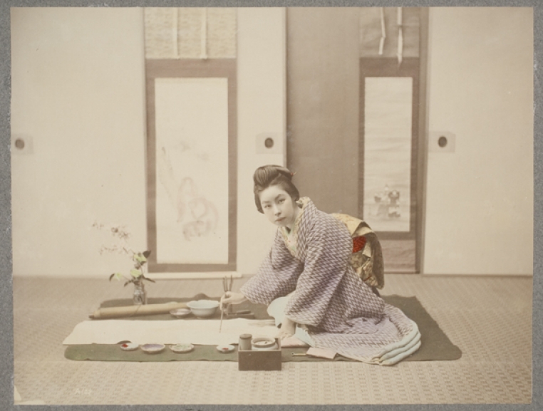 Woman Painting a Picture, 1865 - 75. Hand-colored albumen print, 8 1/8 x 10 5/8 in. Gift of the Wellesley College Art Department Slide Library, 1983.24.96